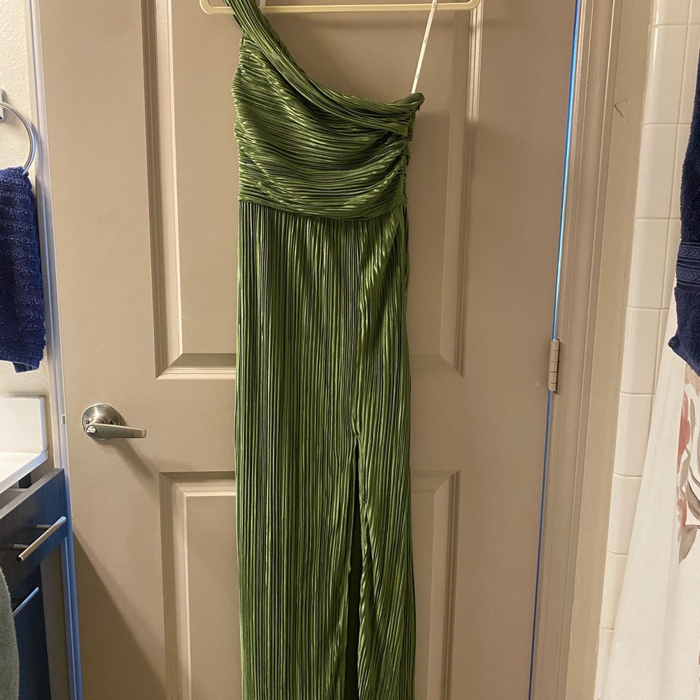 Poised Performance Olive Green Plisse One-Shoulder Maxi Dress